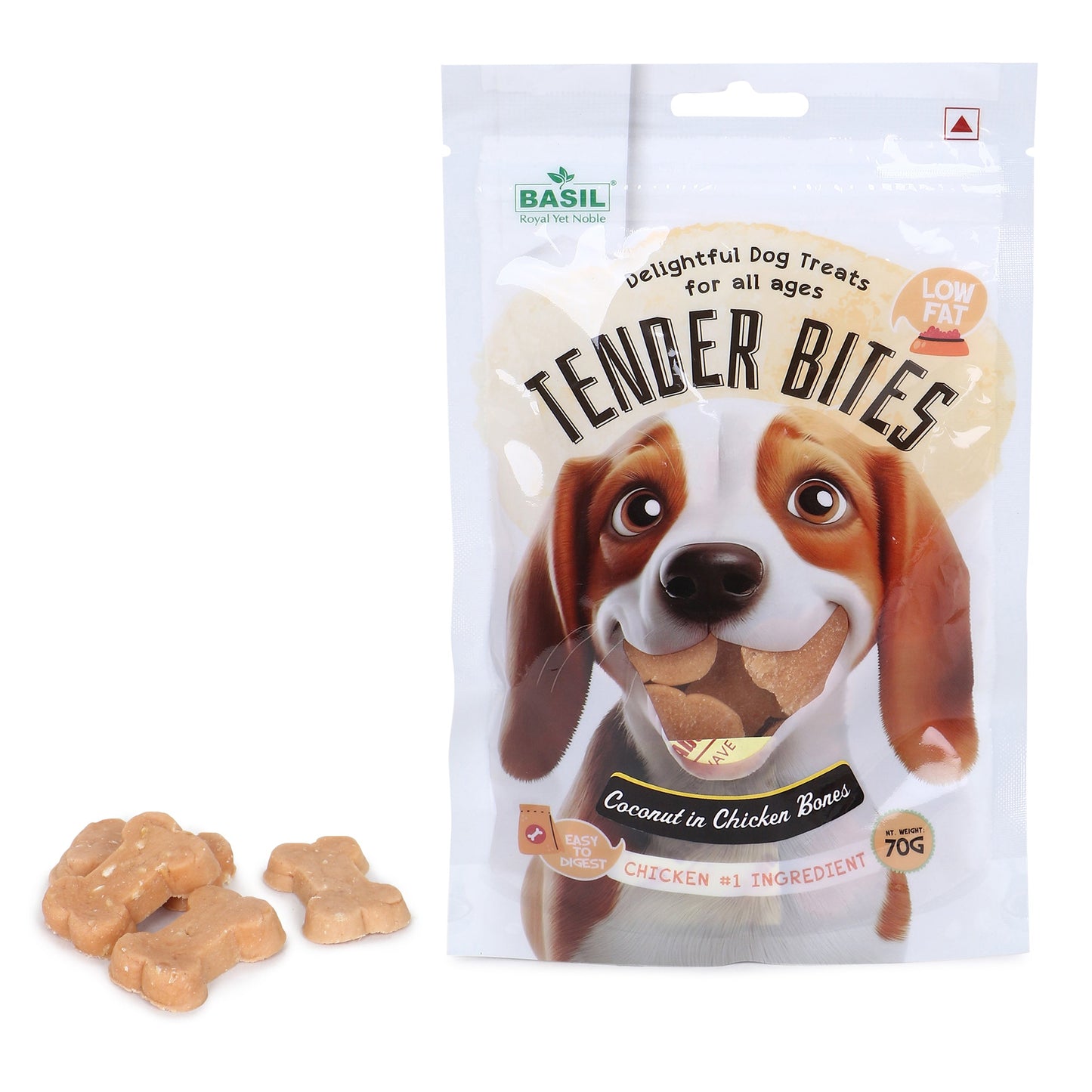 Basil Tender Bites Coconut in Chicken Bone Dog Treats — in use