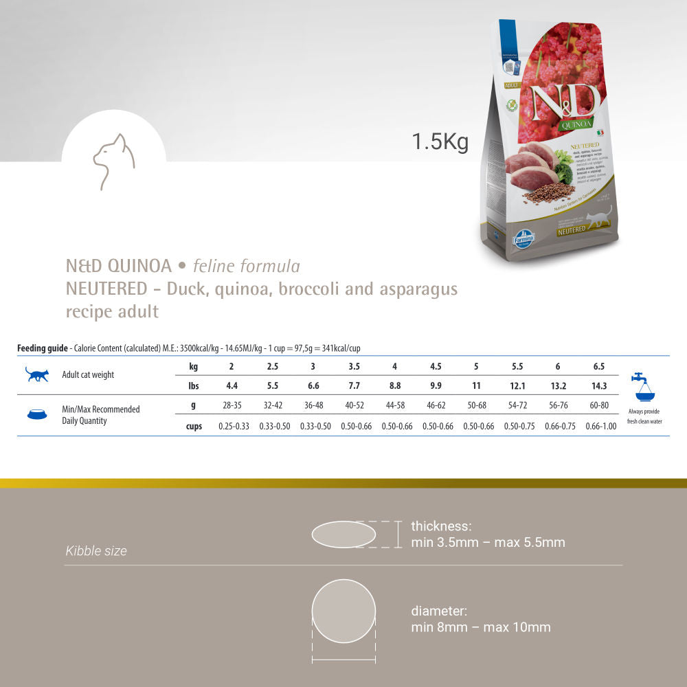 Farmina N&D Neutered Quinoa Duck, Broccoli & Asparagus Adult Cat Dry Food — side view