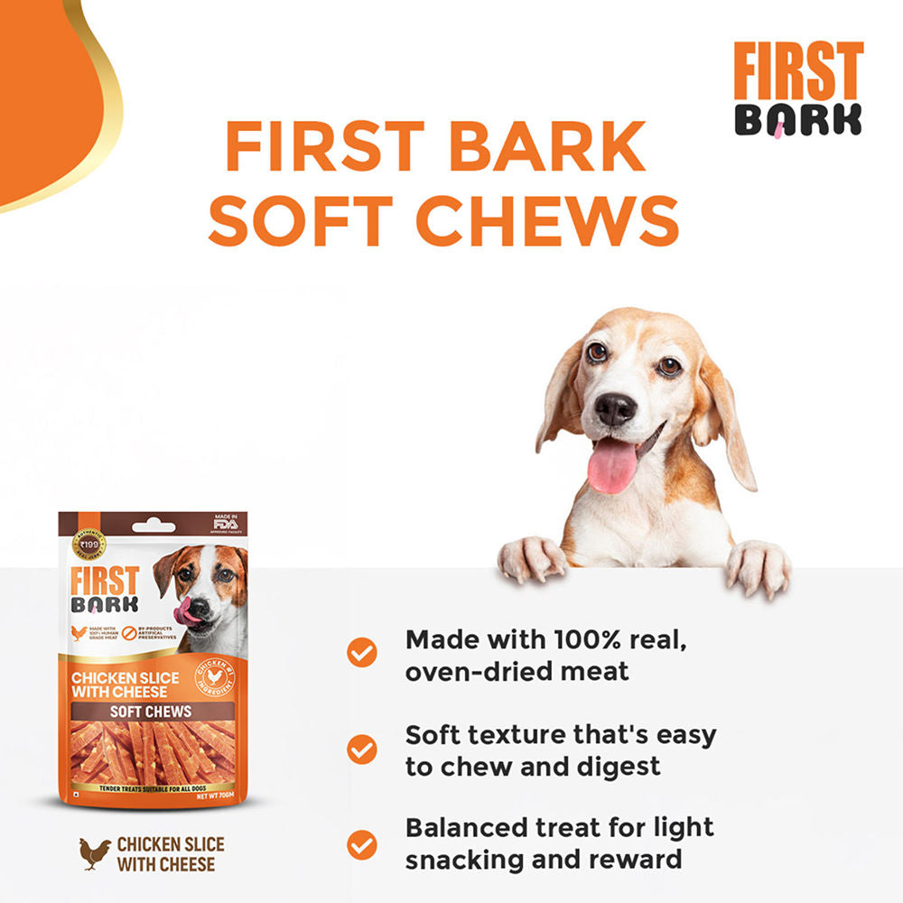 First Bark Chicken Slice with Cheese Jerky Dog Treat — in use
