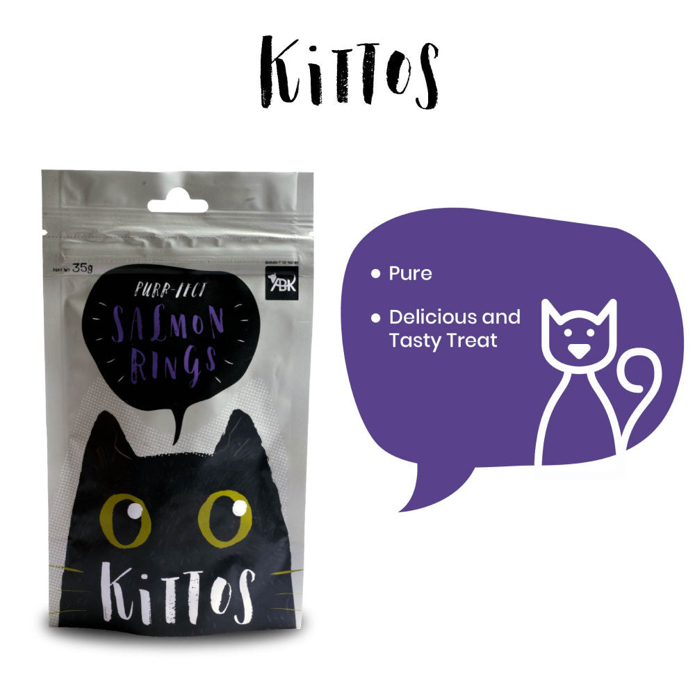 Kittos Purr Fect Salmon Rings Cat Treats — in use