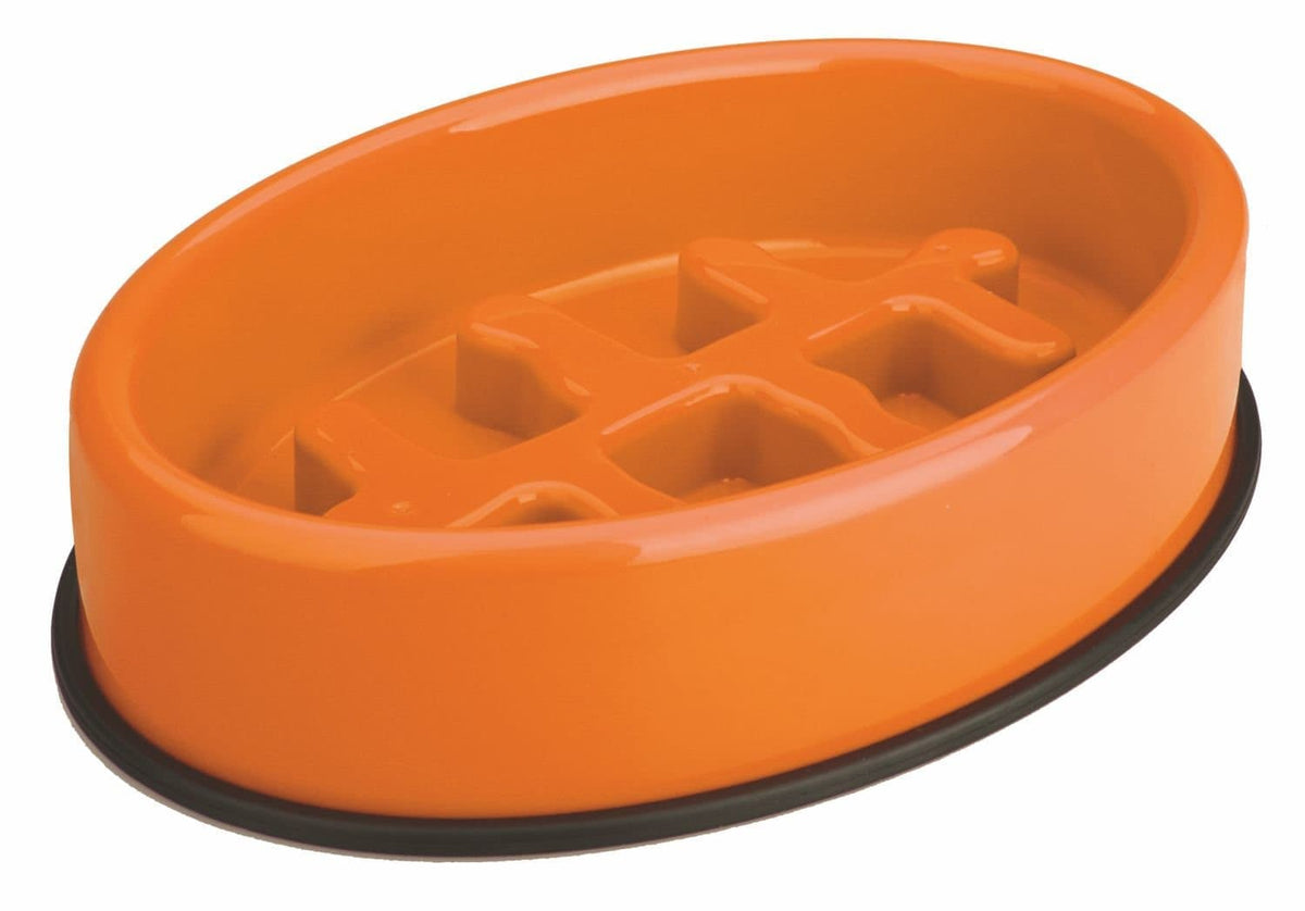 M Pets Fishbone Slow Feed Bowl Anti Scoff Slip Oval Bowl For Dogs Orange