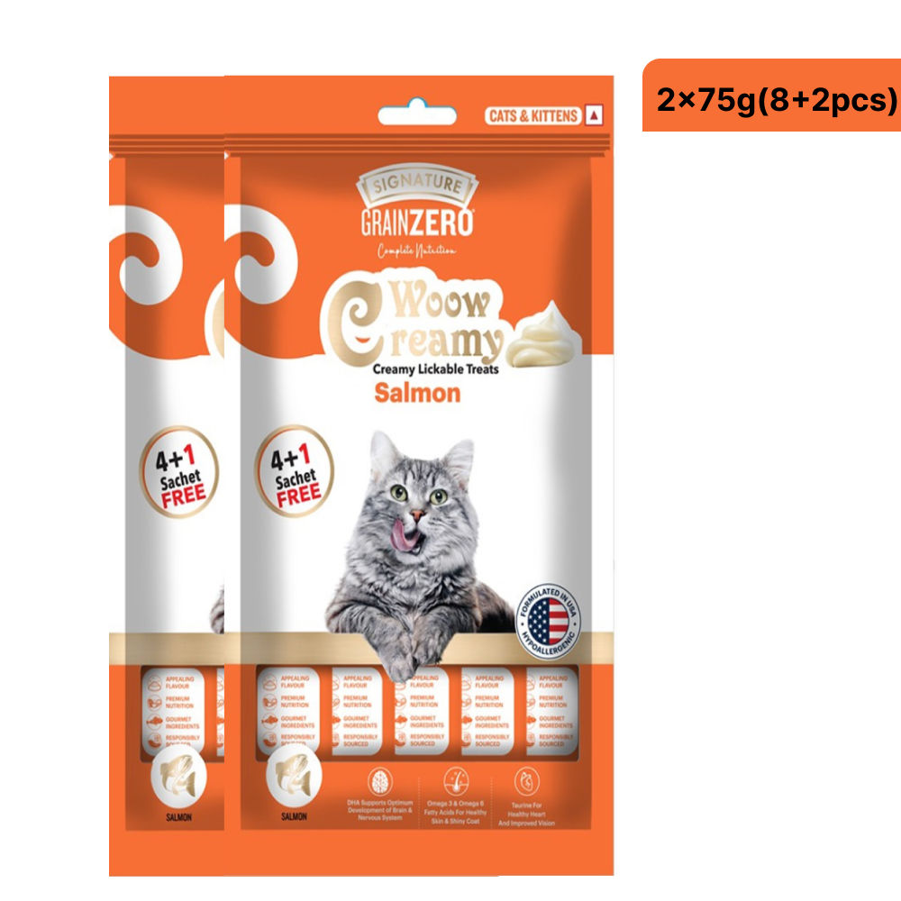 Signature Grain Zero Salmon Lickable Creamy Cat Treats — in use