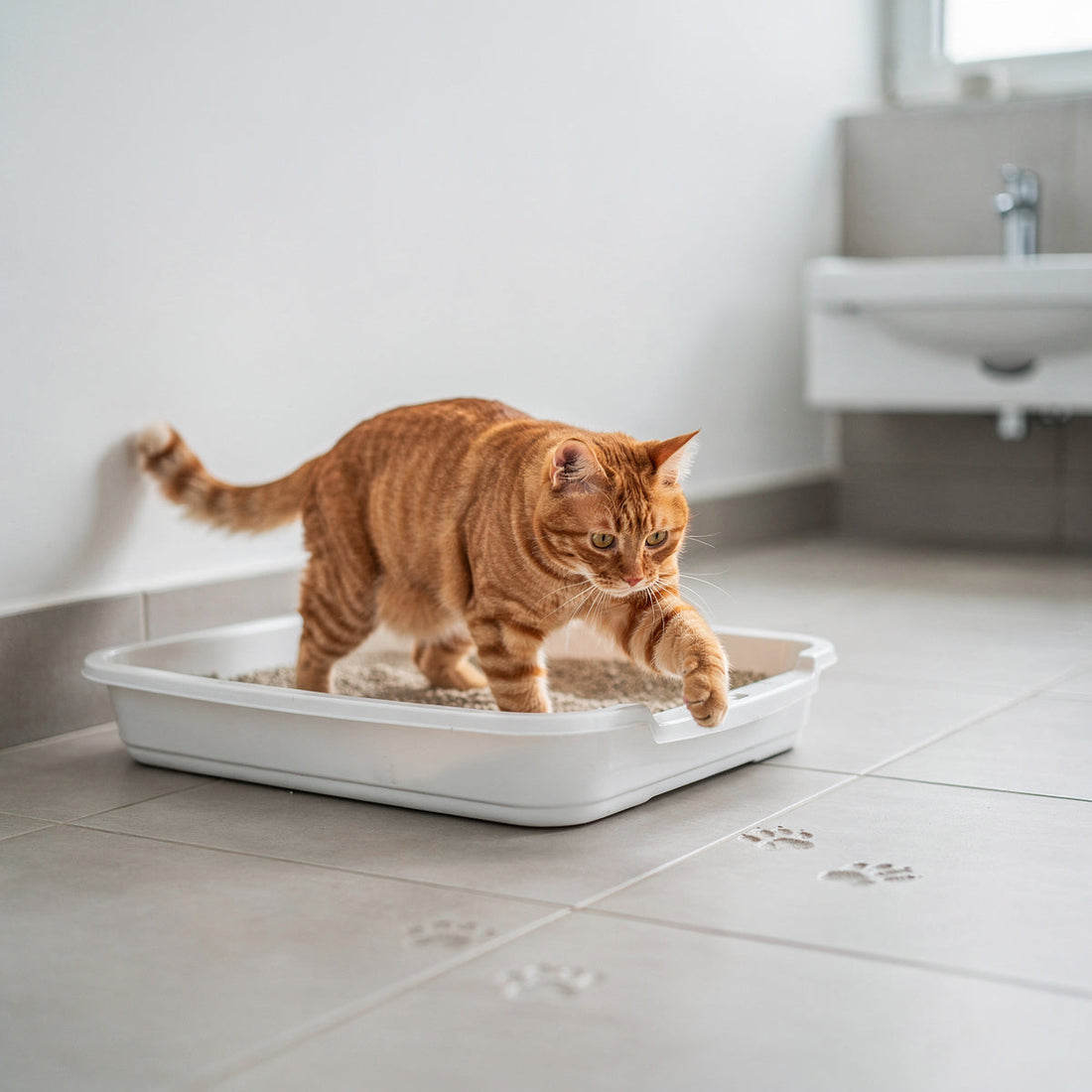 An orange tabby cat next to a clean litter tray in a bright bathroom