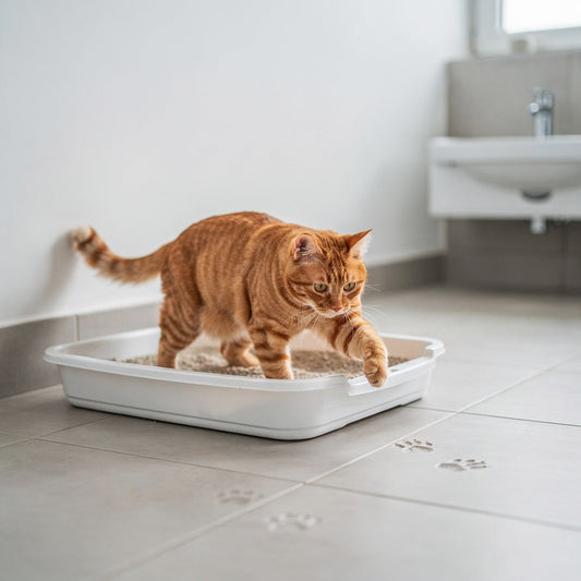 An orange tabby cat next to a clean litter tray in a bright bathroom