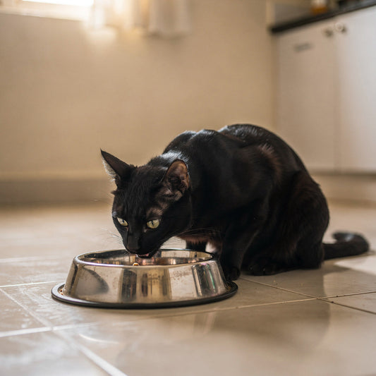 A black domestic short-haired cat eating from a steel bowl in a kitchen