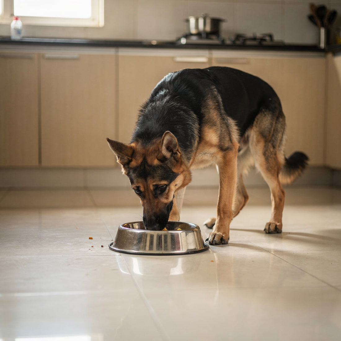 A black and tan German Shepherd eating from a steel bowl in a kitchen