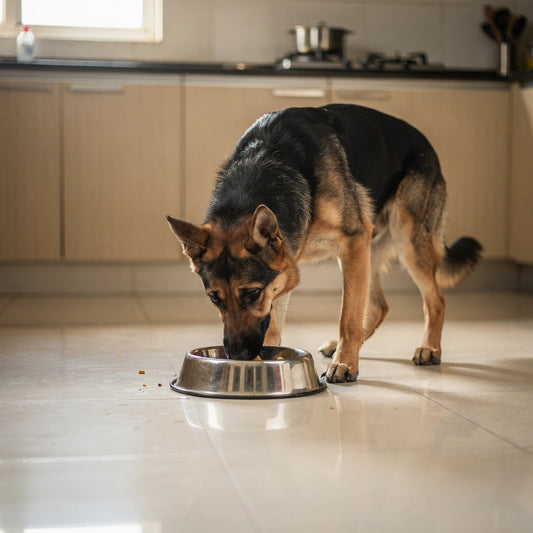 A black and tan German Shepherd eating from a steel bowl in a kitchen