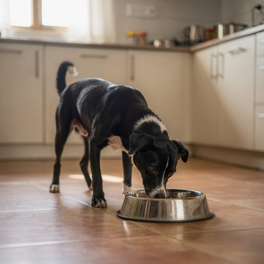 A black Indie dog with a white chest eating from a steel bowl in a kitchen
