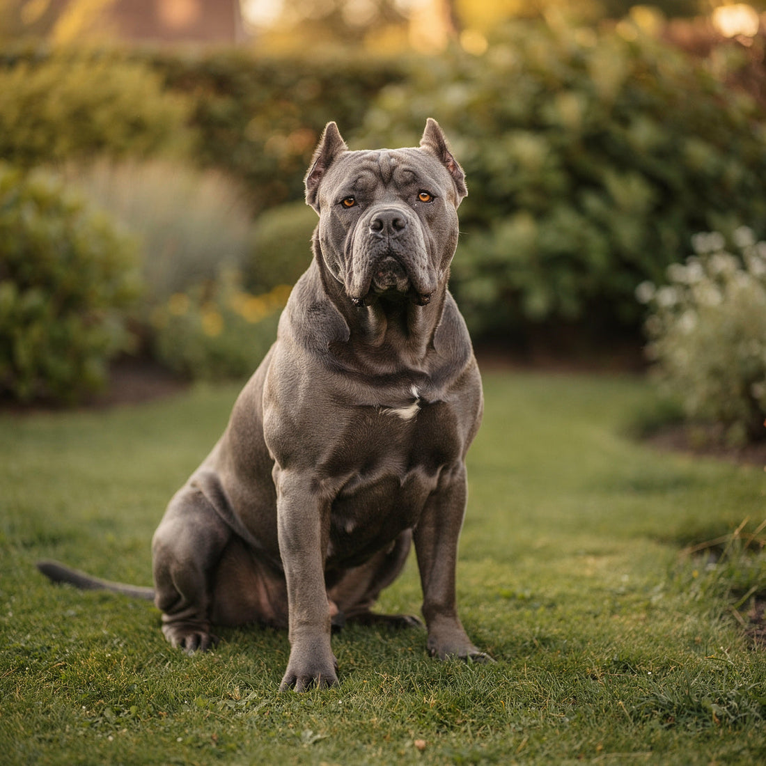 A Cane Corso sitting in a small garden in evening light