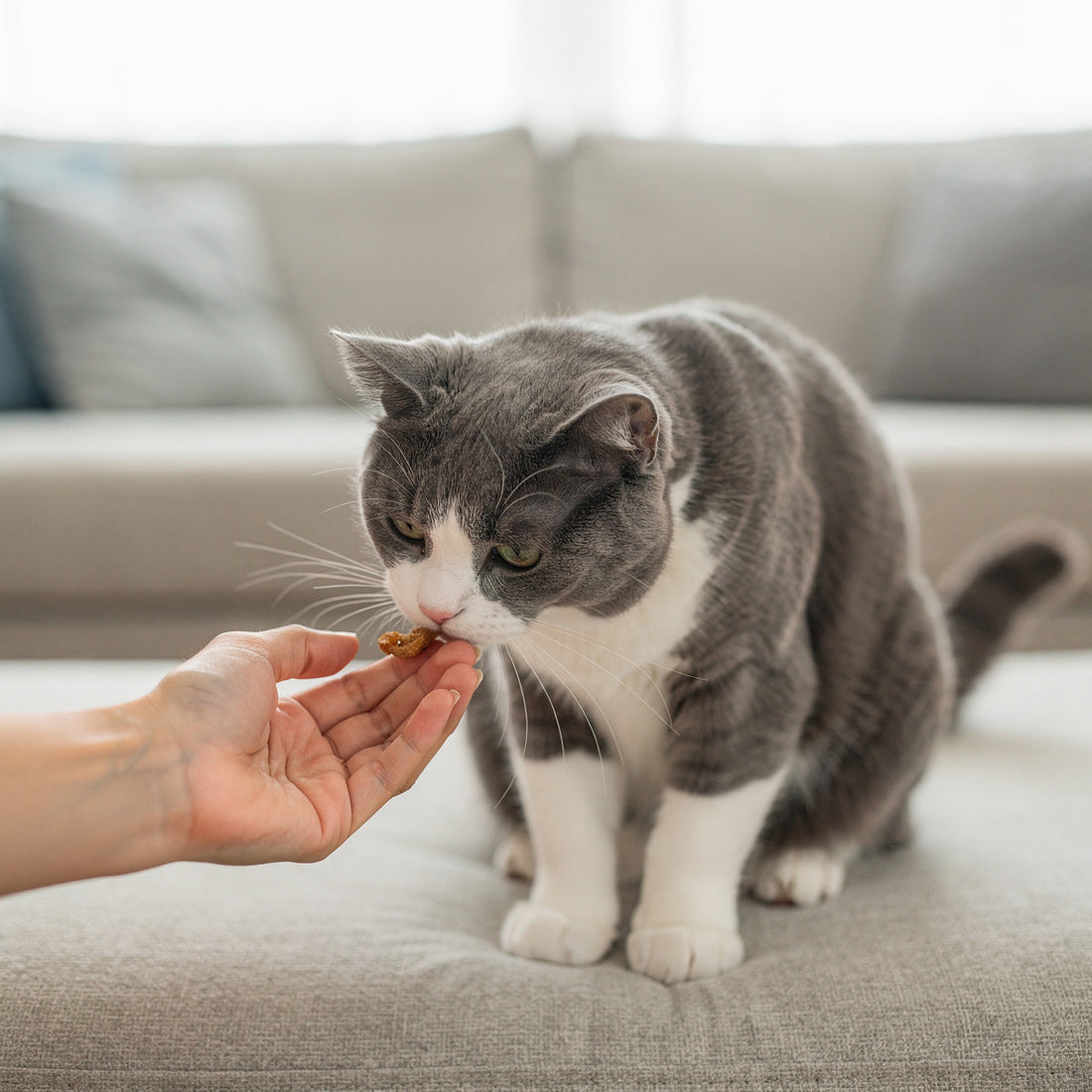 A grey and white domestic cat taking a treat from a person's hand