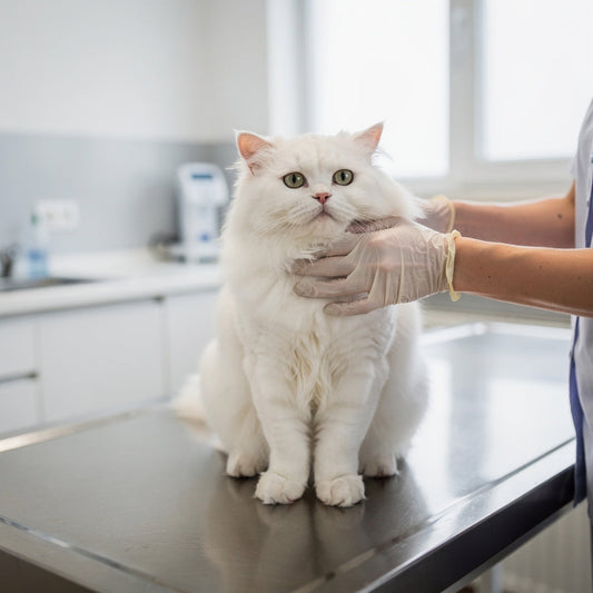 A white Persian cat being examined by a vet on a clinic table