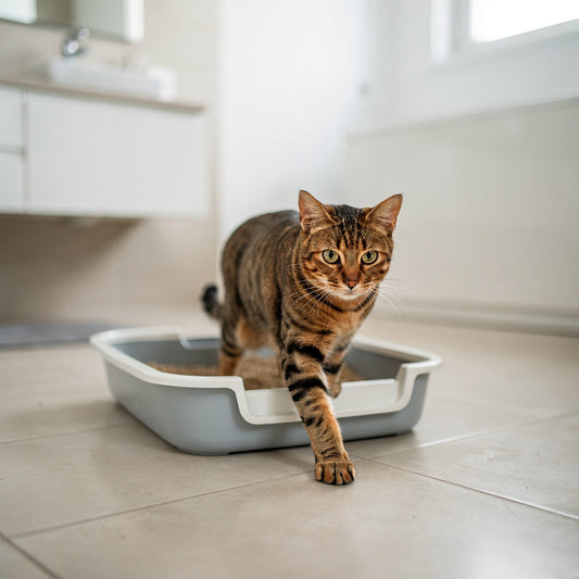 An Indian domestic short-haired tabby cat next to a clean litter tray in a bright bathroom