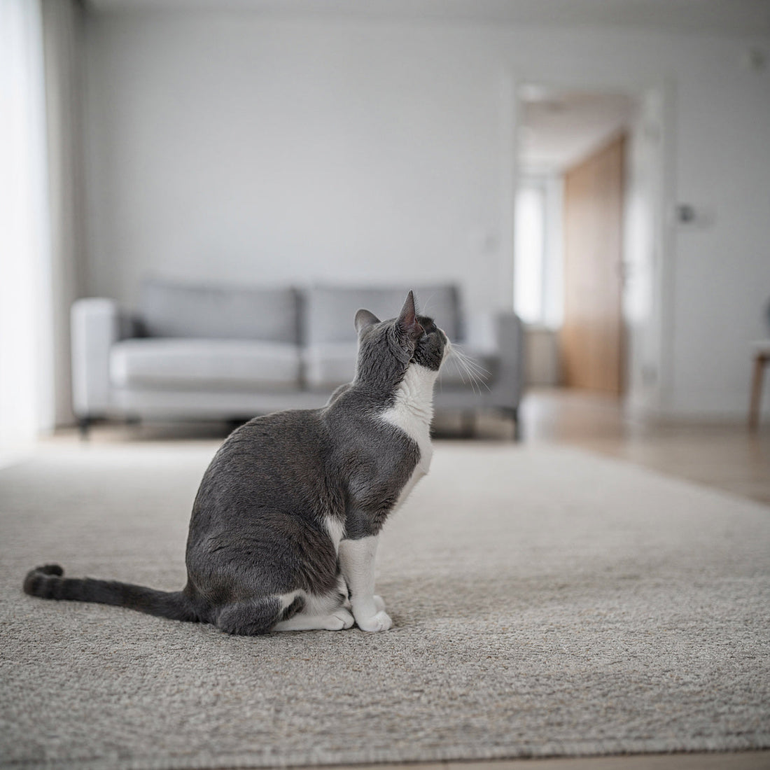 A grey and white domestic cat sitting alert on a living room rug