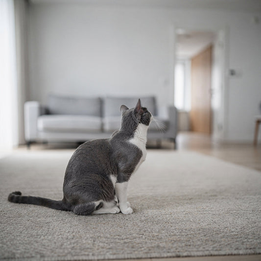 A grey and white domestic cat sitting alert on a living room rug