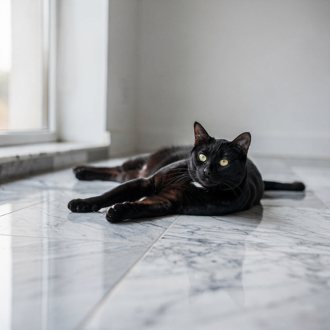 A black domestic short-haired cat lying on marble floor tiles near a window
