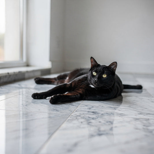A black domestic short-haired cat lying on marble floor tiles near a window