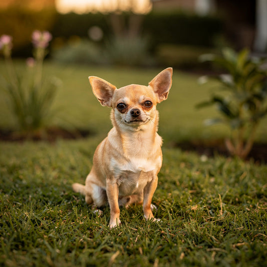 A Chihuahua sitting in a small garden in evening light