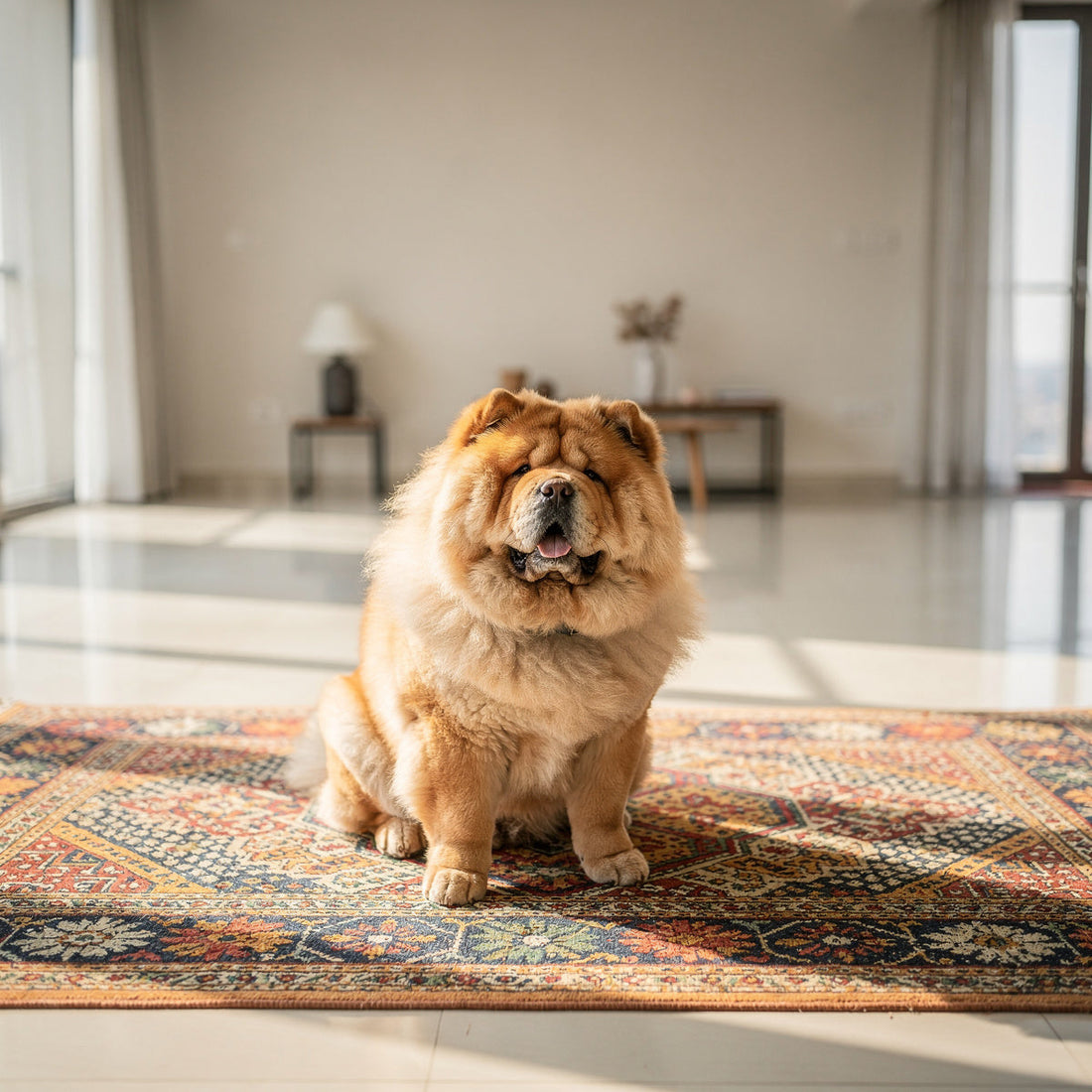 A Chow Chow sitting on a patterned rug in a bright apartment