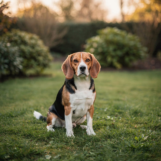 A tricolour Beagle sitting in a small garden in evening light