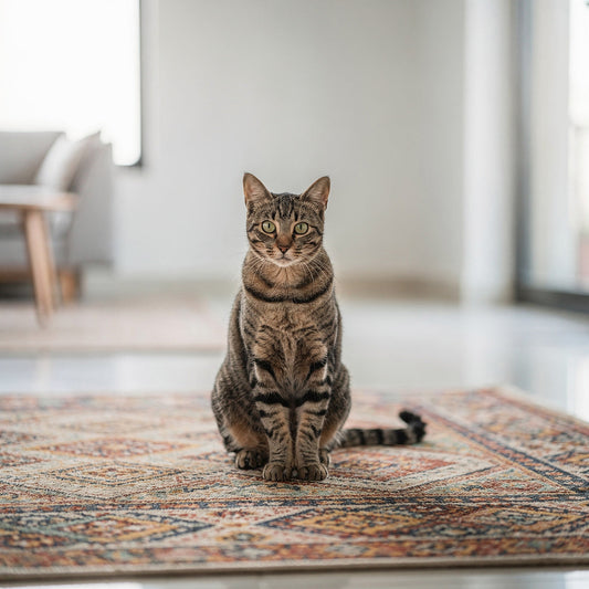 An Indian domestic short-haired tabby cat sitting on a patterned rug in a bright apartment