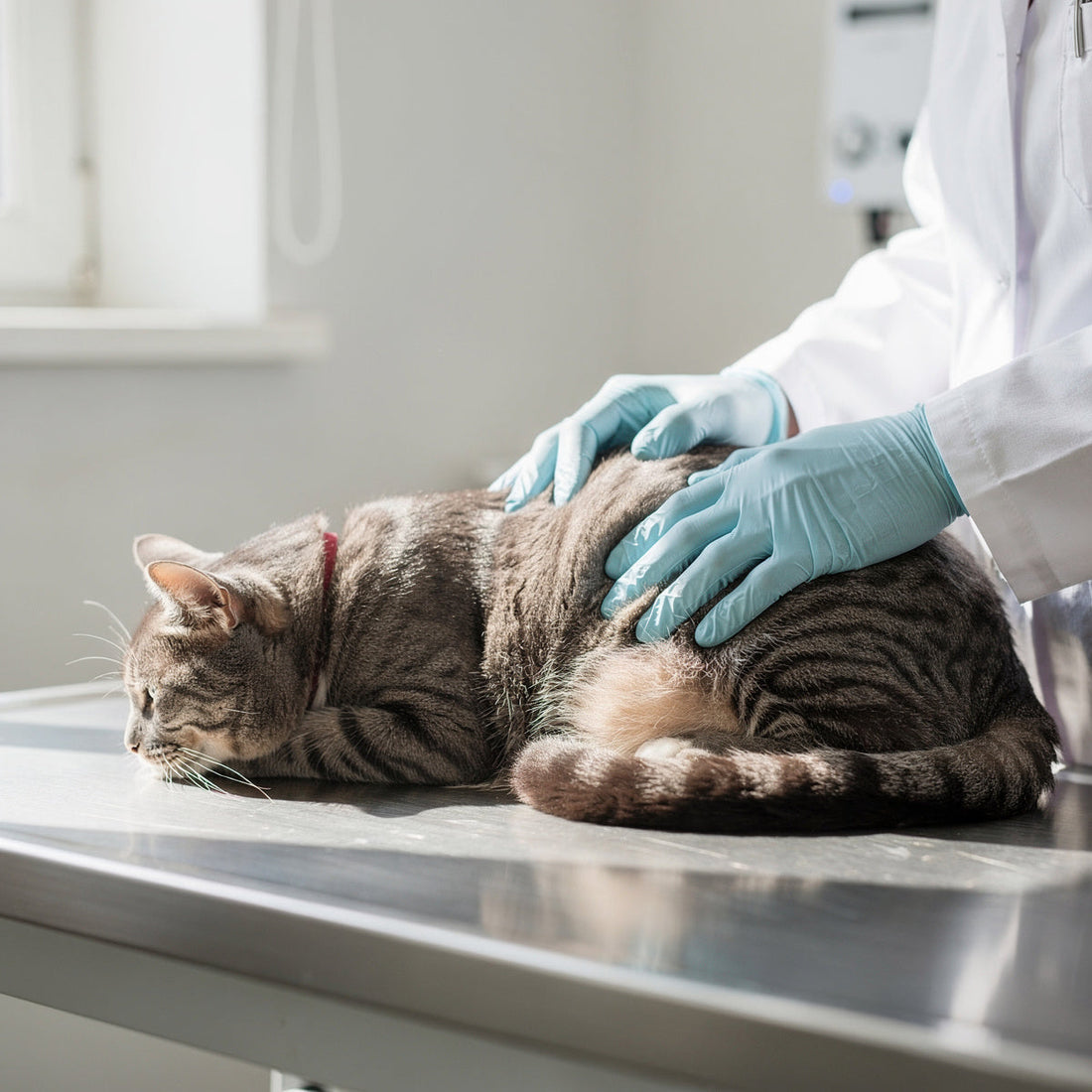 A pregnant adult domestic cat being examined by a vet on a clinic table