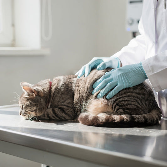 A pregnant adult domestic cat being examined by a vet on a clinic table