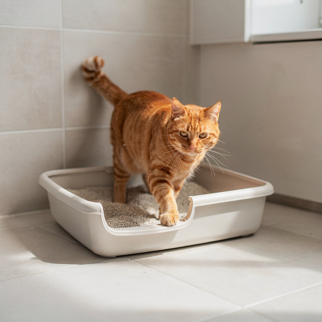 An orange tabby cat next to a clean litter tray in a bright bathroom