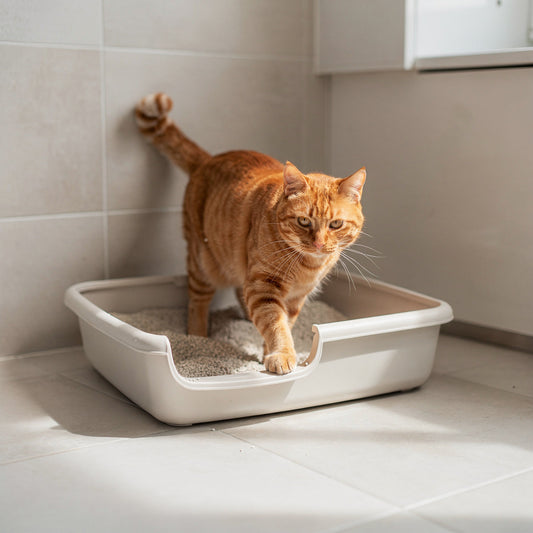 An orange tabby cat next to a clean litter tray in a bright bathroom