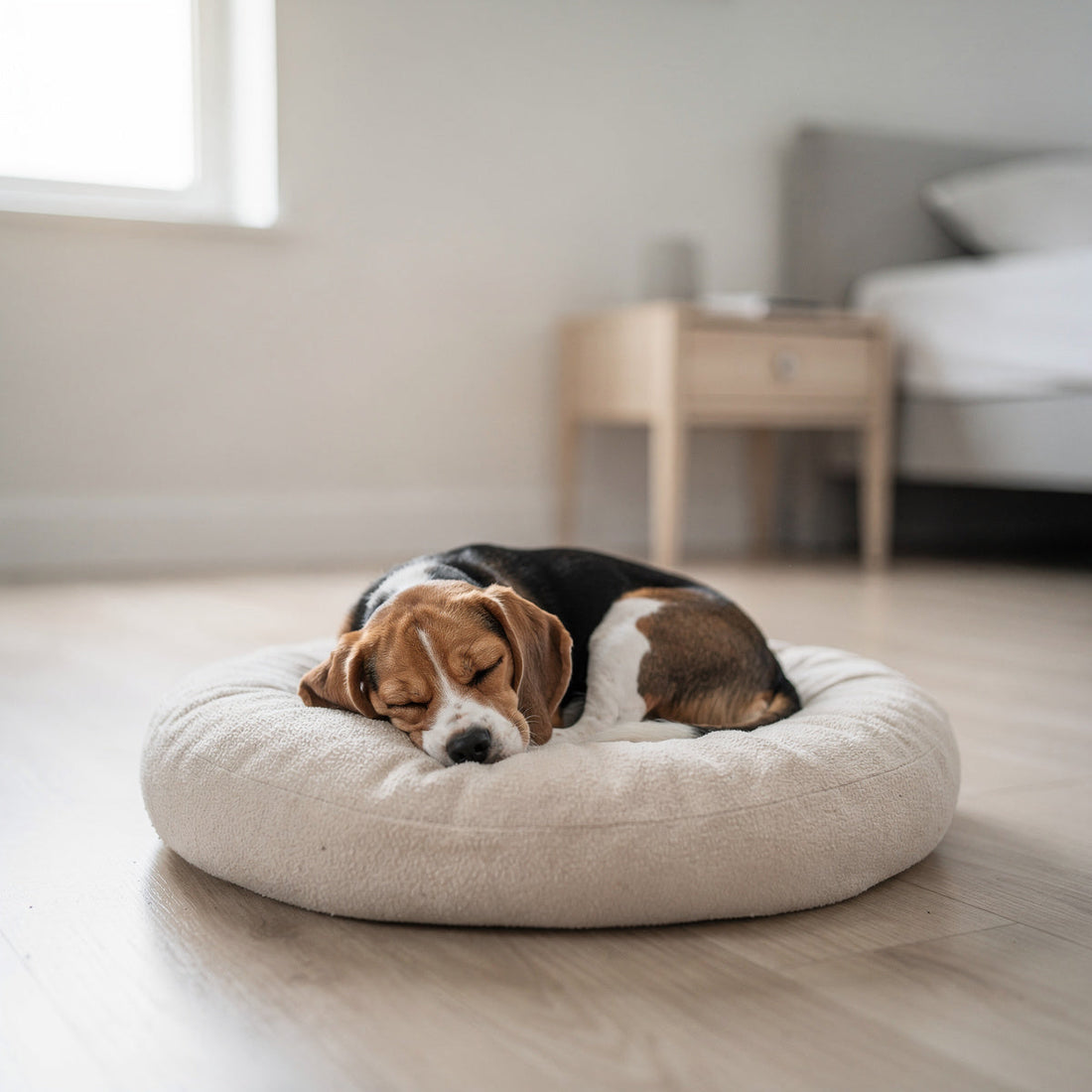 A Beagle puppy asleep on a soft pet bed