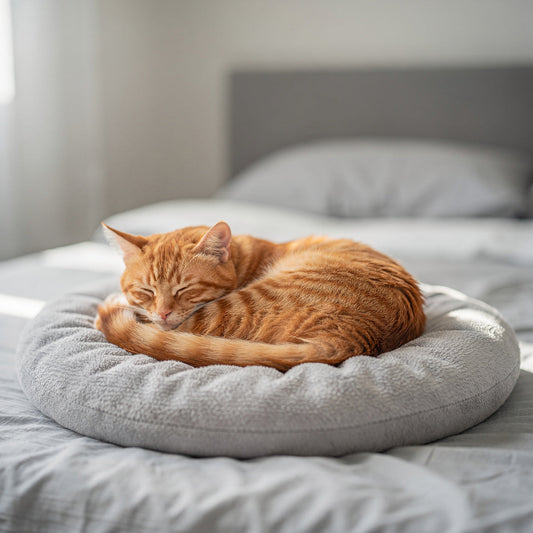 An orange kitten asleep on a soft pet bed