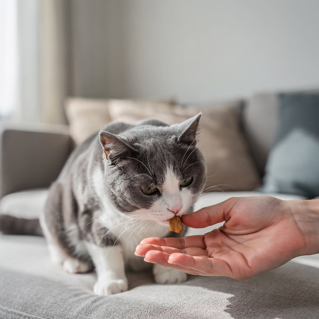 A grey and white domestic cat taking a treat from a person's hand