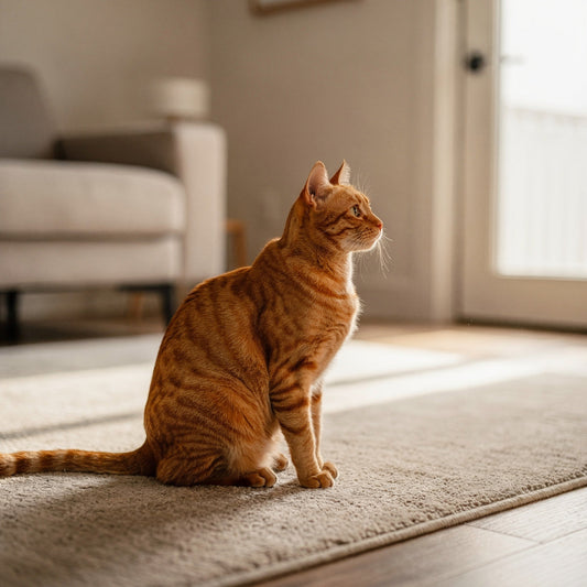 An orange tabby cat sitting alert on a living room rug