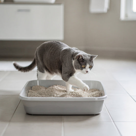 A grey and white domestic cat next to a clean litter tray in a bright bathroom
