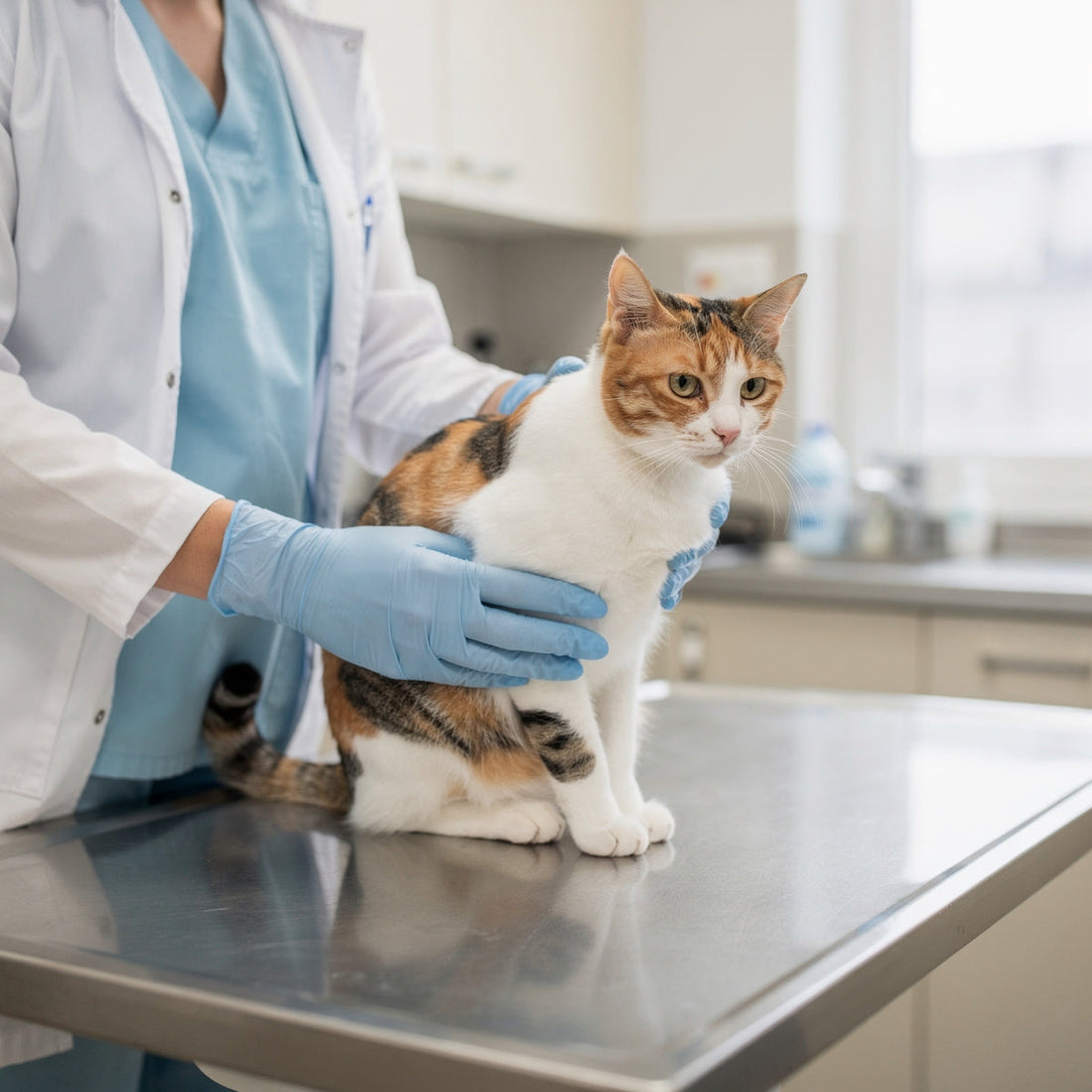 A calico cat being examined by a vet on a clinic table