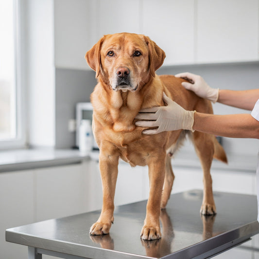 A golden-brown Labrador Retriever being examined by a vet on a clinic table