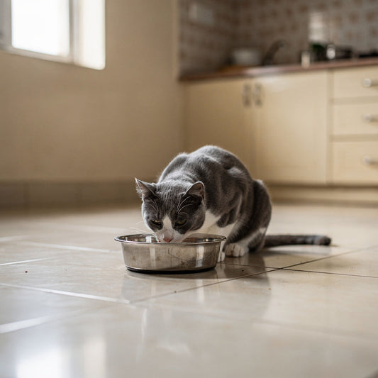 A grey and white domestic cat eating from a steel bowl in a kitchen