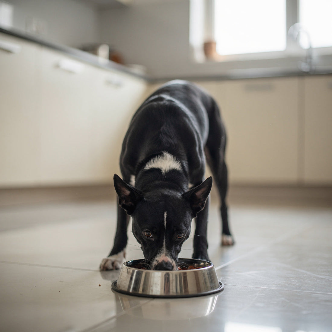 A black Indie dog with a white chest eating from a steel bowl in a kitchen