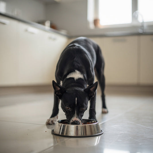 A black Indie dog with a white chest eating from a steel bowl in a kitchen