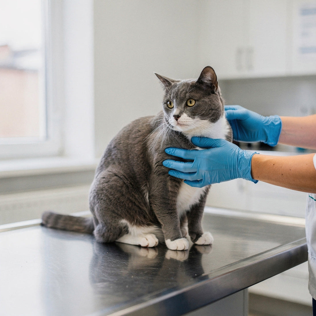 A grey and white domestic cat being examined by a vet on a clinic table