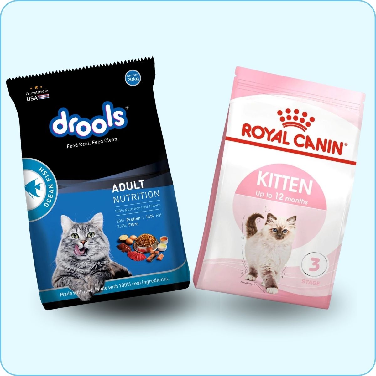 Two bags of cat food shown on a light blue background: a black bag of Drools Adult Nutrition cat food on the left and a pink bag of Royal Canin Kitten cat food on the right.