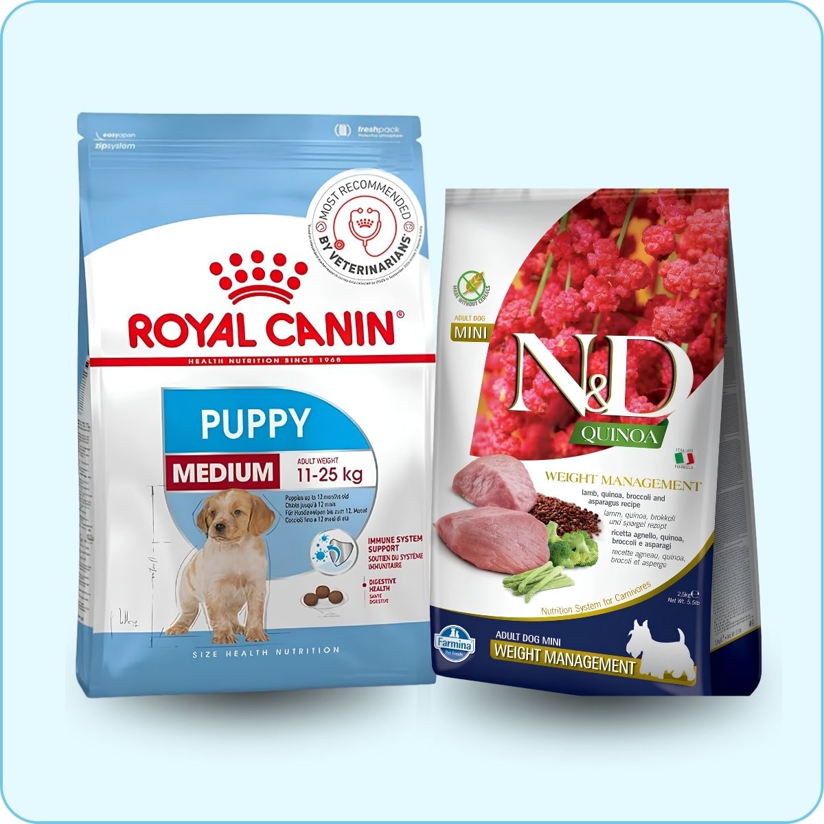 Two bags of dog food on a light blue background: a Royal Canin Puppy Medium bag on the left and an N&D Mini Quinoa Weight Management dog food bag on the right.