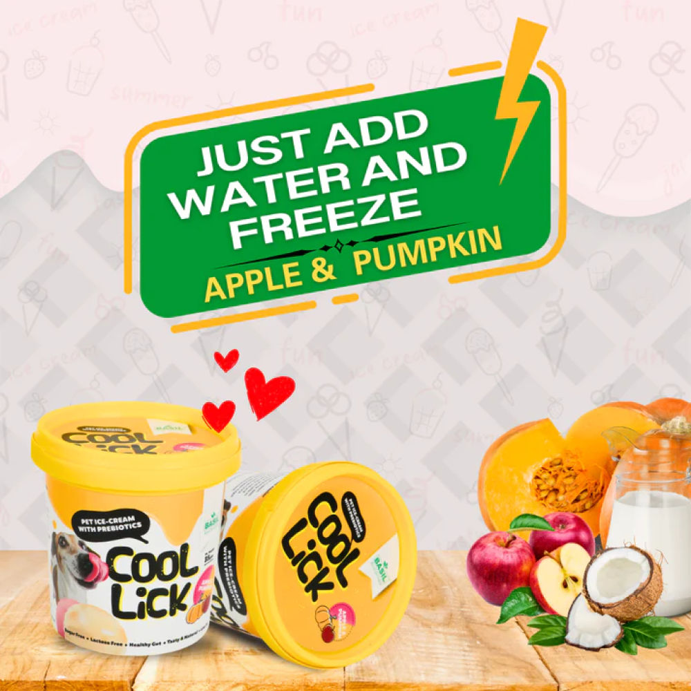 Basil Cool Lick Apple & Pumpkin with Added Prebiotics Ice Cream for Dogs — in use