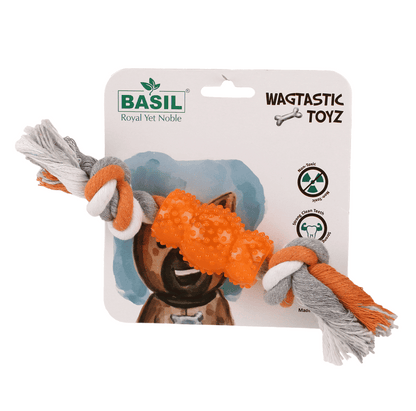 Basil Cotton Rope Rubber Chew Toy With Hard Tpr Centre For Dogs Orange
