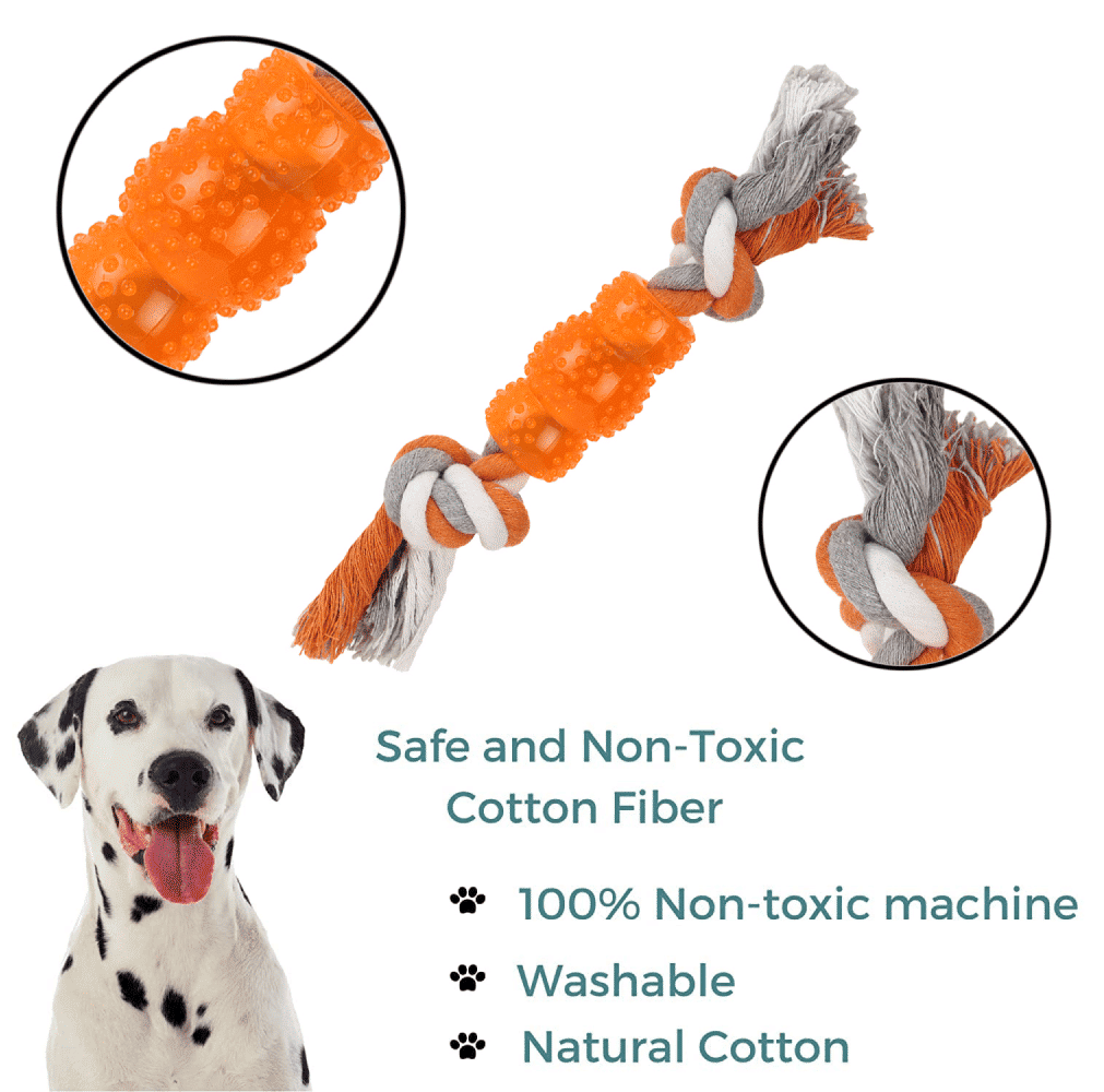 Basil Cotton Rope Rubber Chew Toy with Hard TPR Centre for Dogs — in use