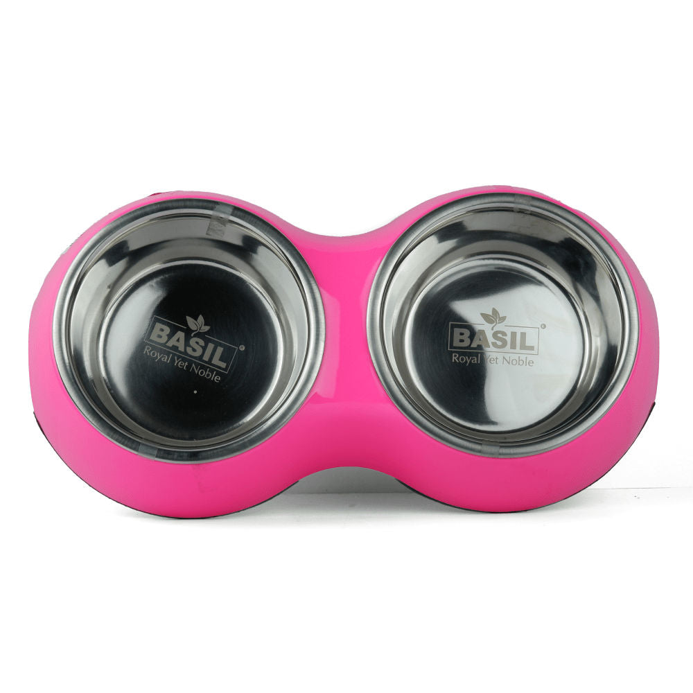 Basil Double Melamine Bowl Dinner Set for Dogs and Cats — in use
