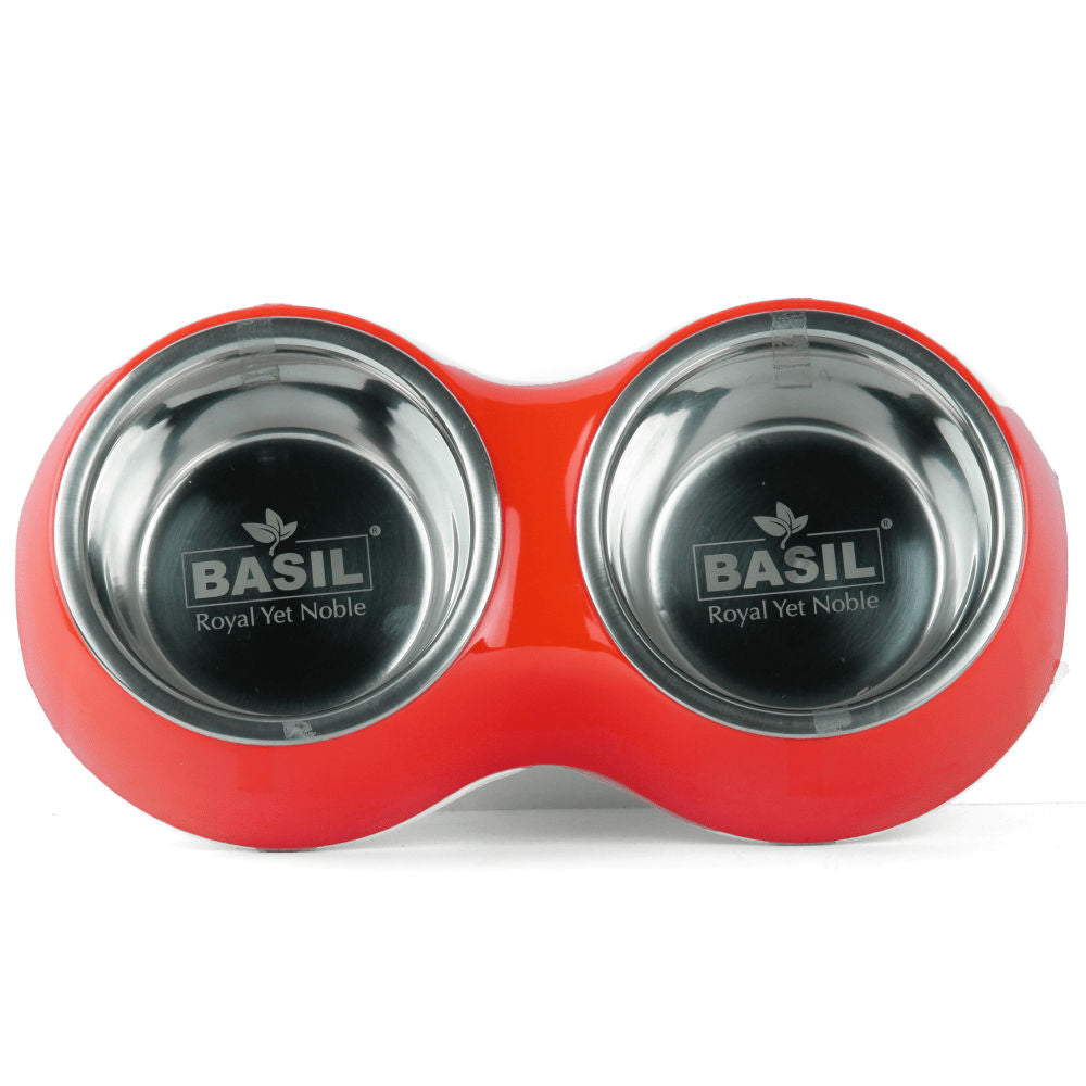 Basil Double Melamine Bowl Dinner Set for Dogs and Cats — in use