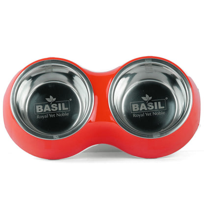 Basil Double Melamine Bowl Dinner Set for Dogs and Cats — in use