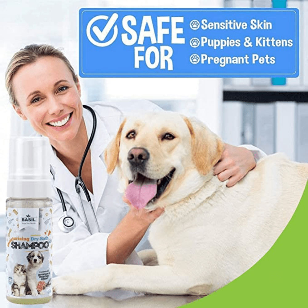 Basil Rosemary & Geranium Dry Dog Shampoo — in use