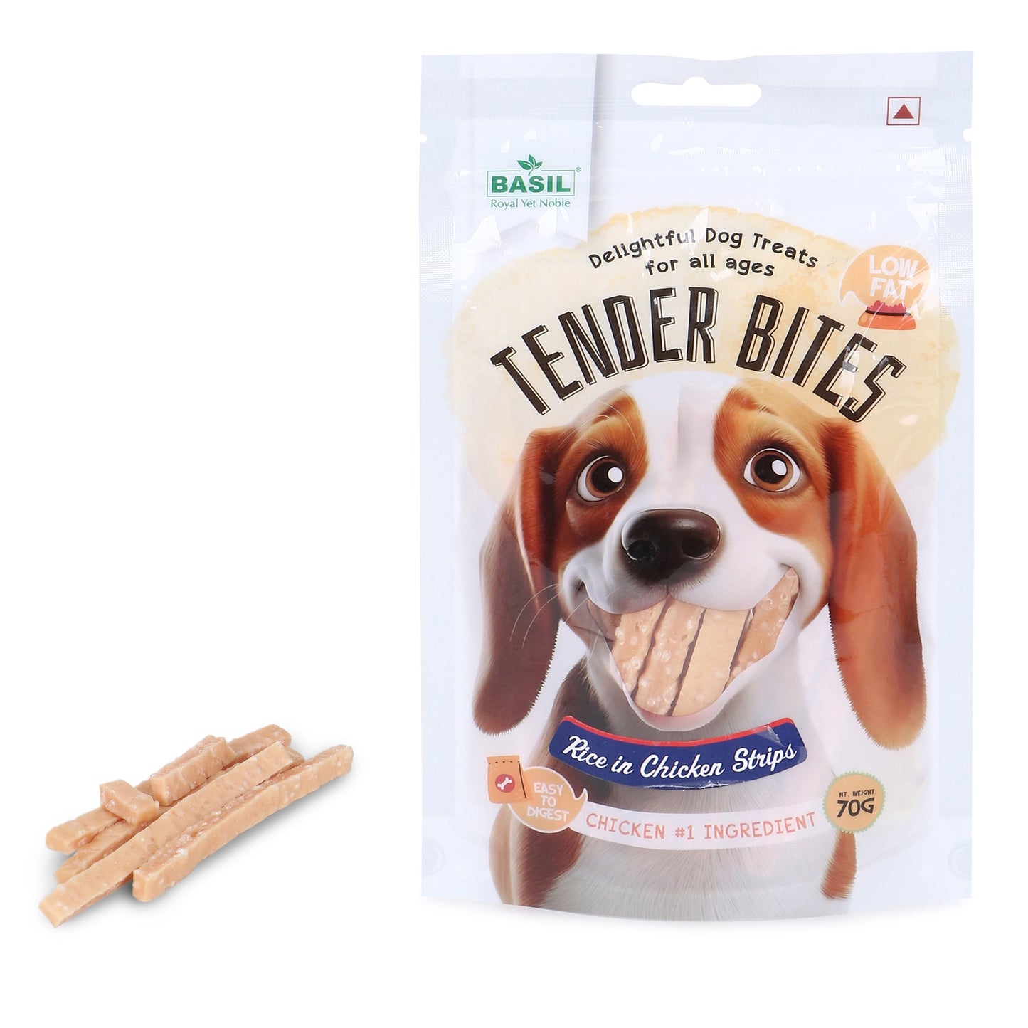 Basil Tender Bites Rice in Chicken Strips Dog Treats — side view