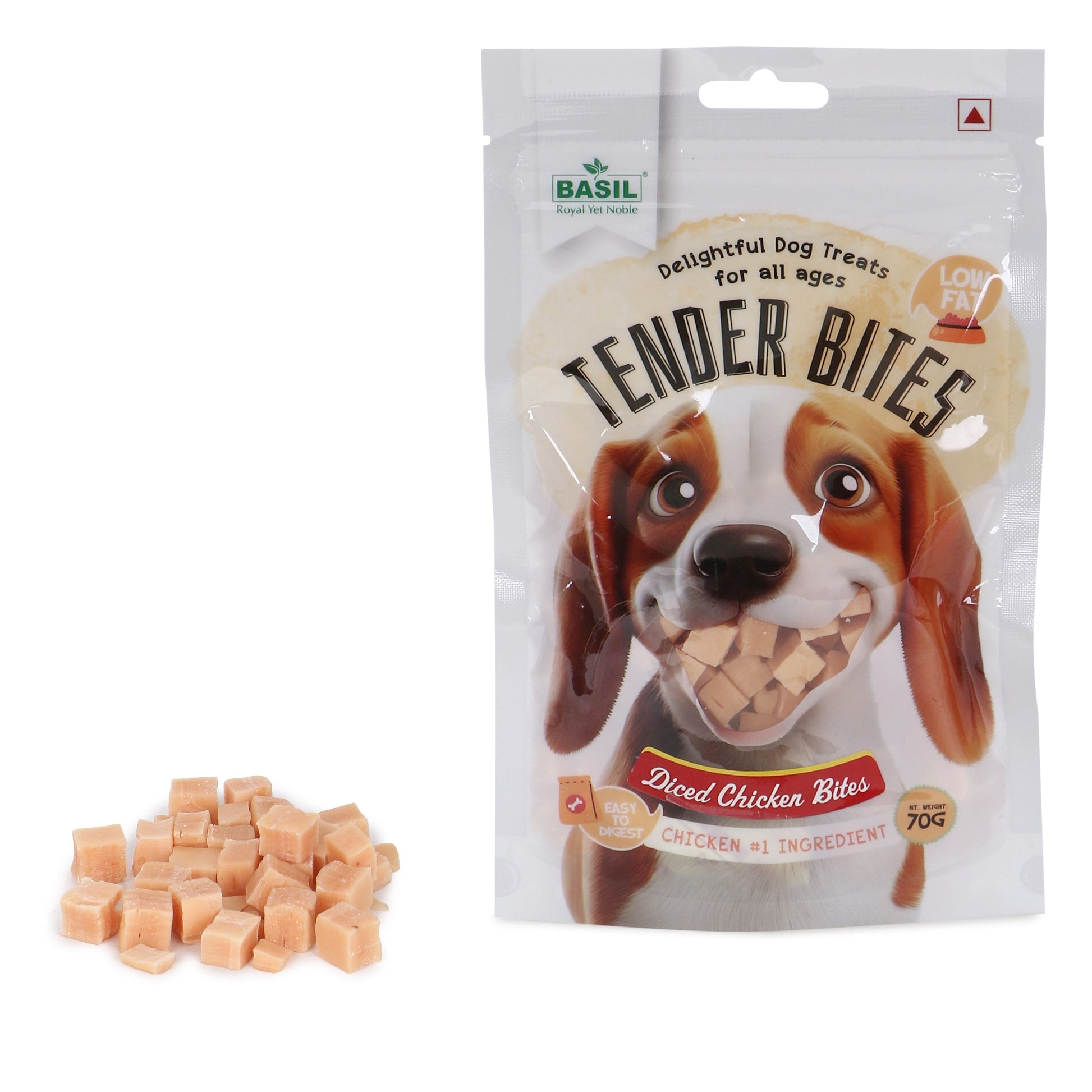Basil Tender Diced Chicken Bites Strips Dog Treats — detail shot